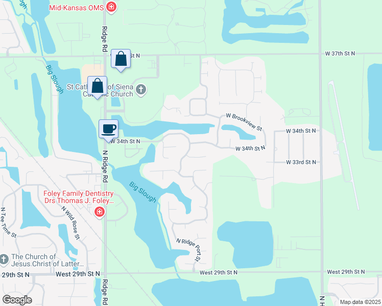 map of restaurants, bars, coffee shops, grocery stores, and more near 3454 North Hazelwood Court in Wichita