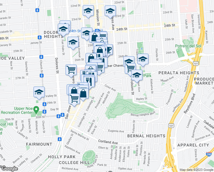 map of restaurants, bars, coffee shops, grocery stores, and more near Prospect Avenue & Coso Avenue in San Francisco