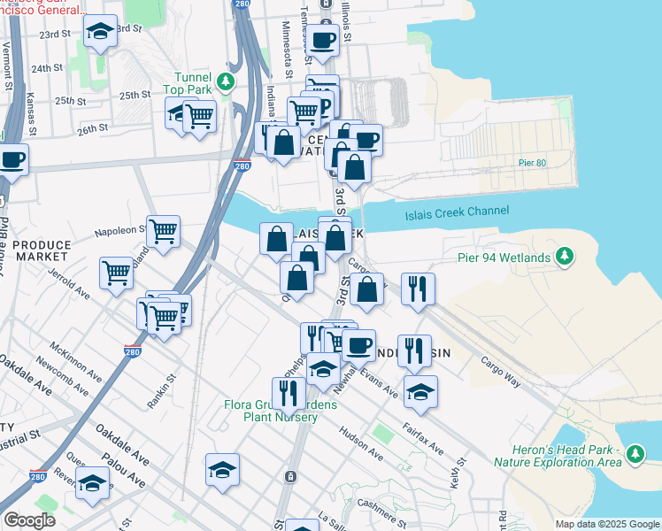 map of restaurants, bars, coffee shops, grocery stores, and more near 3450 3rd Street in San Francisco