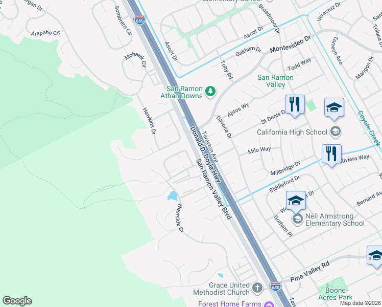 map of restaurants, bars, coffee shops, grocery stores, and more near 18 Centennial Way in San Ramon