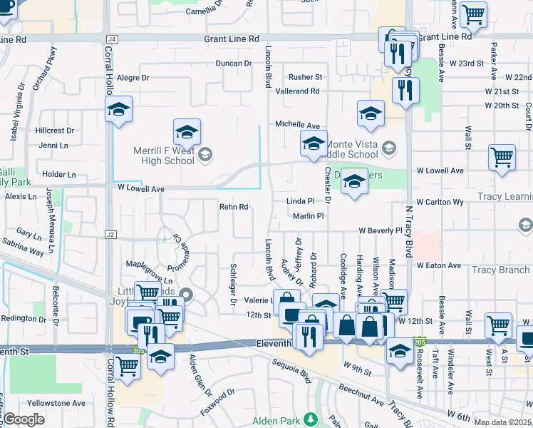 map of restaurants, bars, coffee shops, grocery stores, and more near 1521 Lincoln Boulevard in Tracy