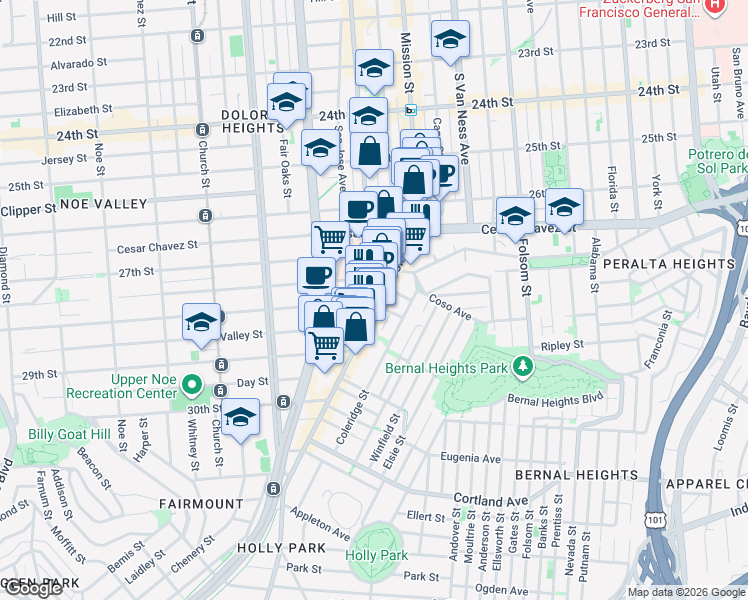 map of restaurants, bars, coffee shops, grocery stores, and more near 1689 Valencia St in San Francisco