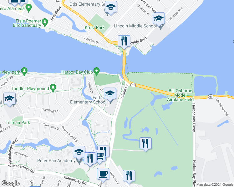 map of restaurants, bars, coffee shops, grocery stores, and more near 608 Centre Court in Alameda