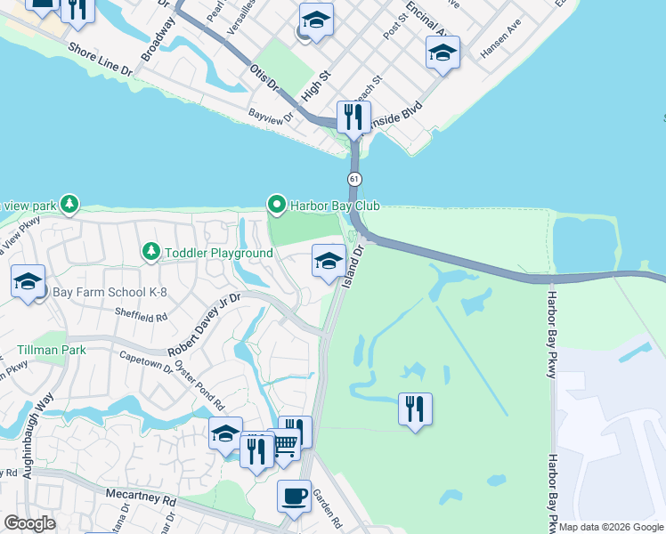 map of restaurants, bars, coffee shops, grocery stores, and more near 631 Centre Court in Alameda