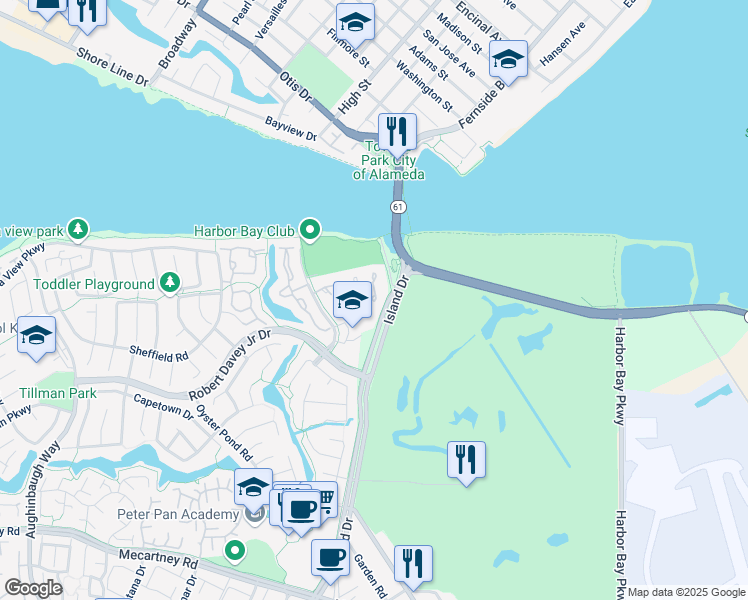 map of restaurants, bars, coffee shops, grocery stores, and more near 642 Centre Court in Alameda