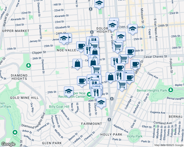 map of restaurants, bars, coffee shops, grocery stores, and more near 1550 Church Street in San Francisco