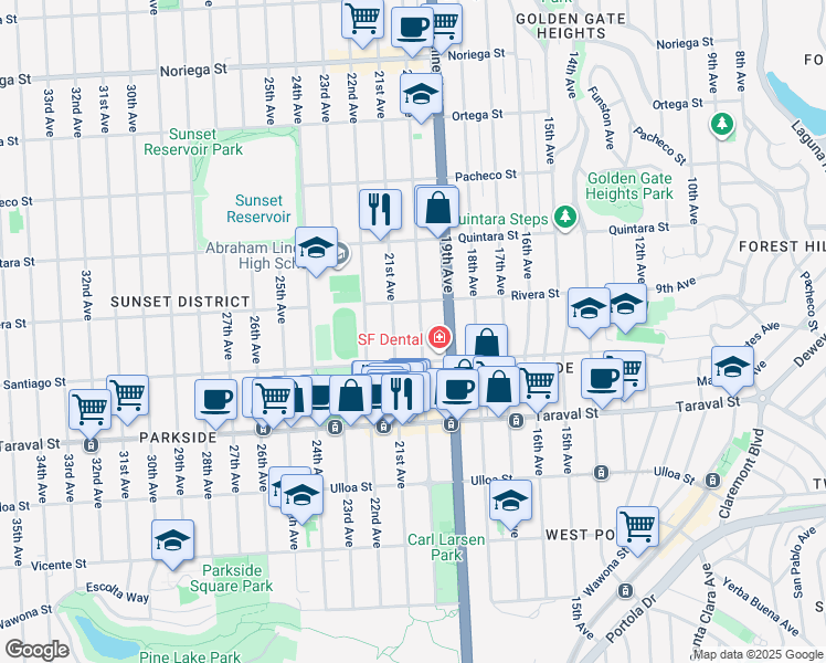 map of restaurants, bars, coffee shops, grocery stores, and more near 2234 21st Avenue in San Francisco