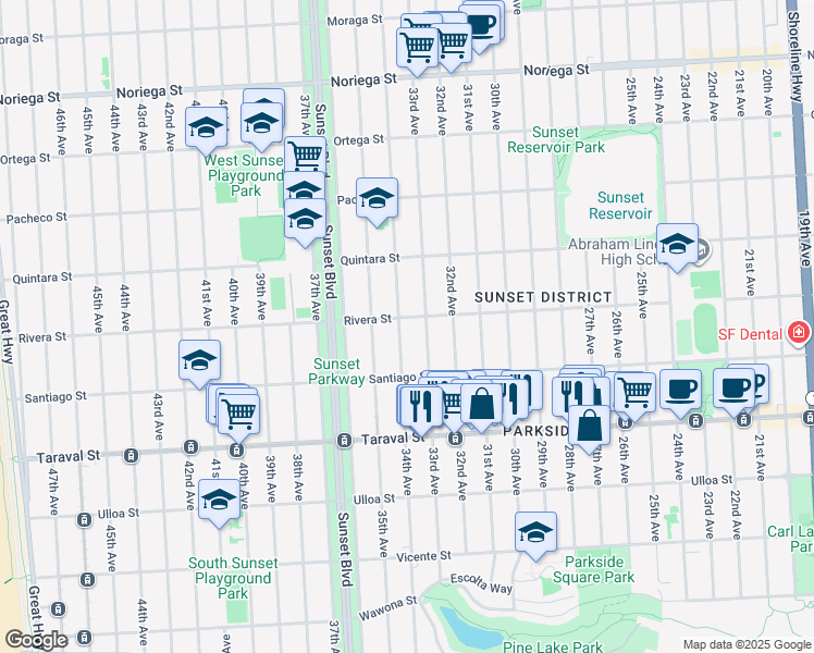 map of restaurants, bars, coffee shops, grocery stores, and more near 2325 Rivera Street in San Francisco