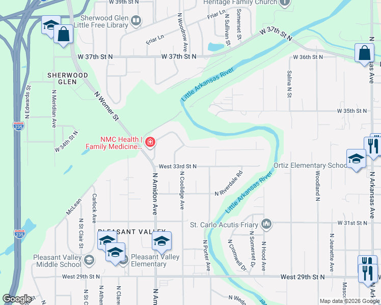map of restaurants, bars, coffee shops, grocery stores, and more near 1503-1581 West 34th St N in Wichita
