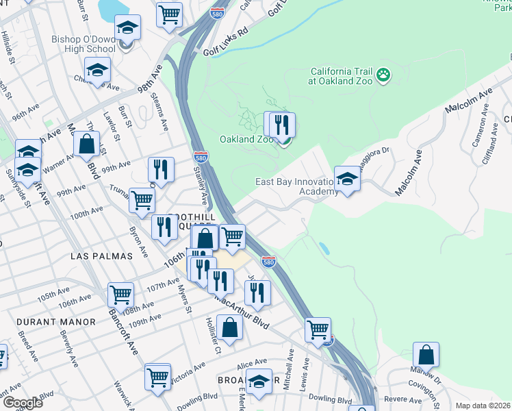 map of restaurants, bars, coffee shops, grocery stores, and more near 10601 Sheldon Street in Oakland