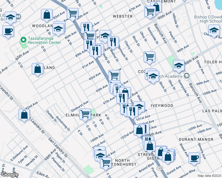 map of restaurants, bars, coffee shops, grocery stores, and more near 9525 International Boulevard in Oakland