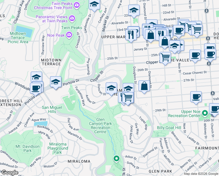 map of restaurants, bars, coffee shops, grocery stores, and more near 135 Red Rock Way in San Francisco