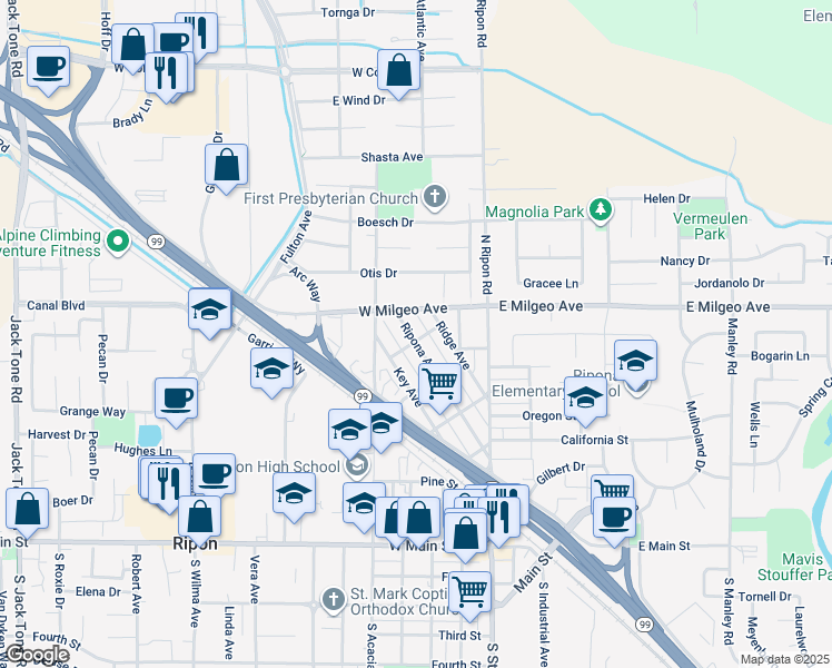 map of restaurants, bars, coffee shops, grocery stores, and more near 217 Quiet Street in Ripon