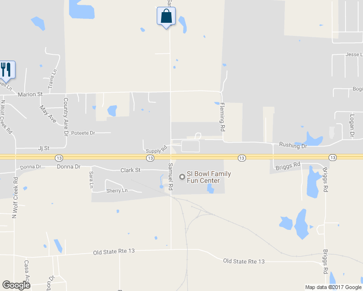 map of restaurants, bars, coffee shops, grocery stores, and more near Bayer Circle in Carterville