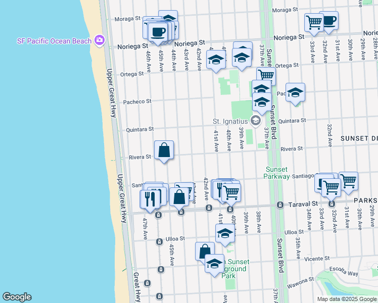 map of restaurants, bars, coffee shops, grocery stores, and more near 2191 43rd Avenue in San Francisco