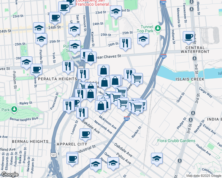 map of restaurants, bars, coffee shops, grocery stores, and more near 2248 Jerrold Avenue in San Francisco