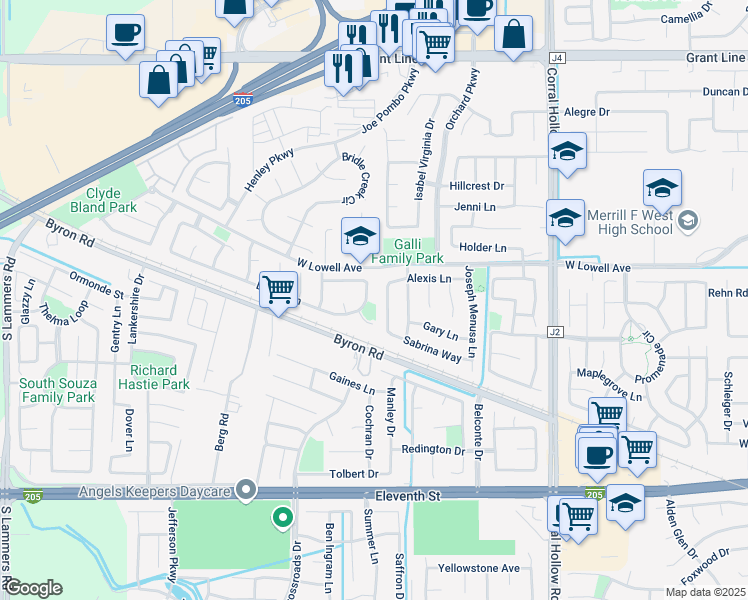 map of restaurants, bars, coffee shops, grocery stores, and more near 2442 Dorset Lane in Tracy
