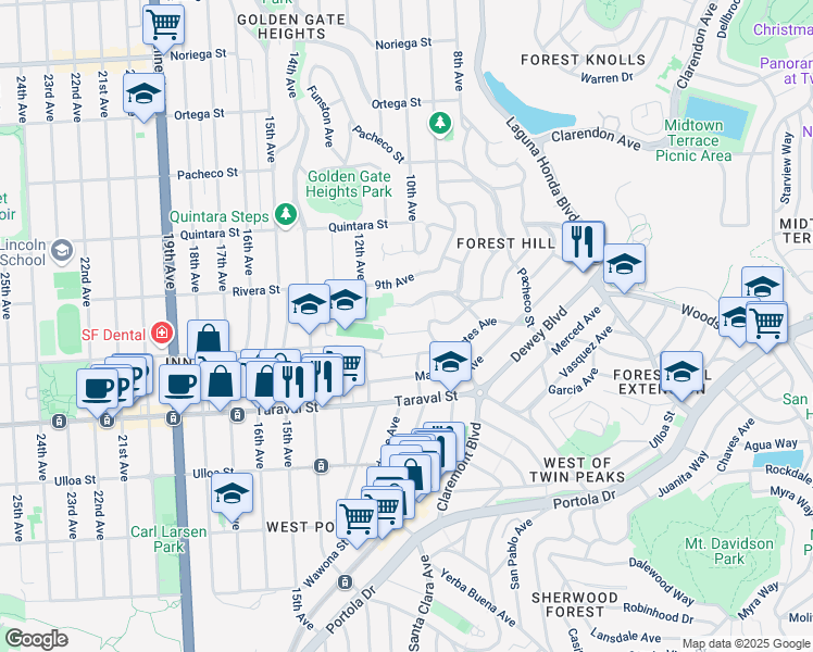 map of restaurants, bars, coffee shops, grocery stores, and more near 398 Castenada Avenue in San Francisco