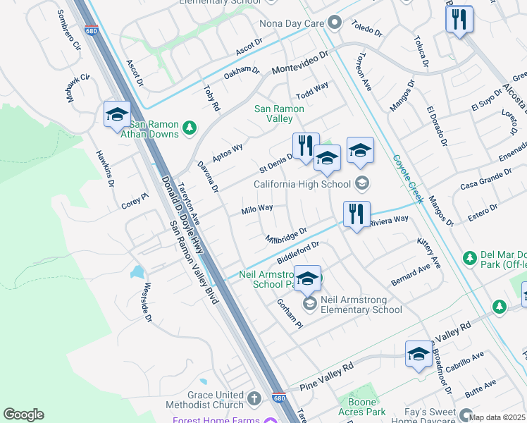 map of restaurants, bars, coffee shops, grocery stores, and more near 2885 Millbridge Place in San Ramon