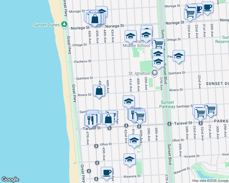 map of restaurants, bars, coffee shops, grocery stores, and more near 2191 43rd Avenue in San Francisco