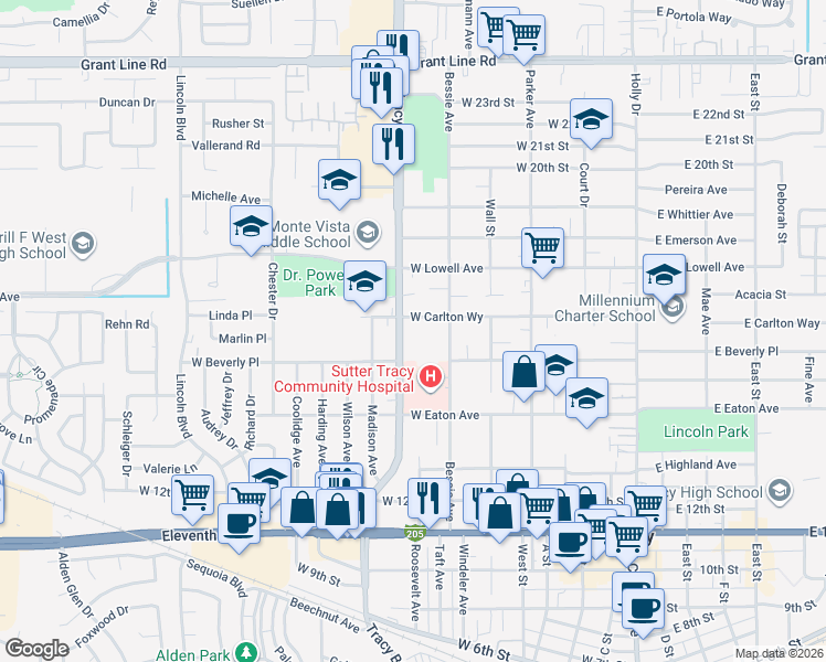 map of restaurants, bars, coffee shops, grocery stores, and more near 540 Carlton Way in Tracy