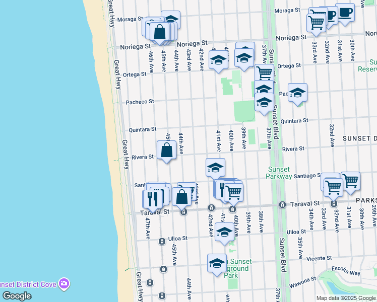 map of restaurants, bars, coffee shops, grocery stores, and more near 2183 43rd Avenue in San Francisco