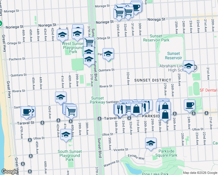 map of restaurants, bars, coffee shops, grocery stores, and more near 2445 Rivera Street in San Francisco