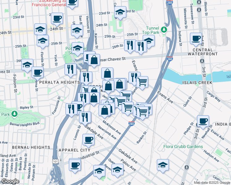 map of restaurants, bars, coffee shops, grocery stores, and more near 2248 Jerrold Avenue in San Francisco