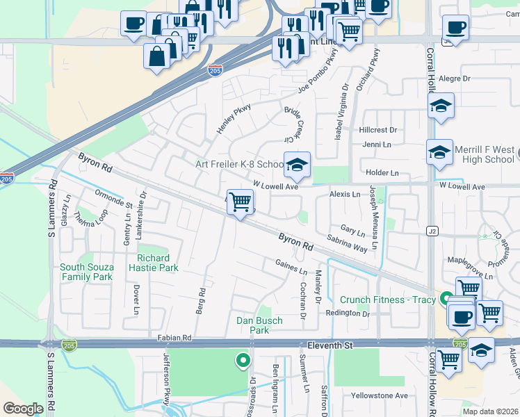 map of restaurants, bars, coffee shops, grocery stores, and more near 1636 Green Springs Court in Tracy