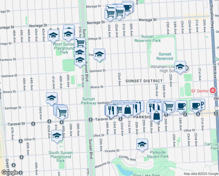 map of restaurants, bars, coffee shops, grocery stores, and more near 2325 Rivera Street in San Francisco