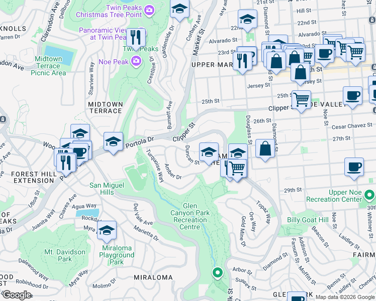 map of restaurants, bars, coffee shops, grocery stores, and more near Duncan St & Red Rock Way in San Francisco