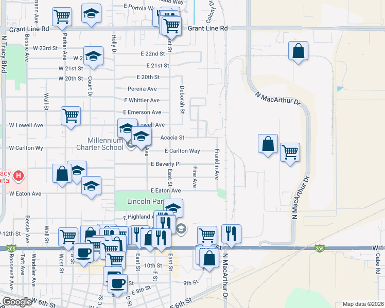 map of restaurants, bars, coffee shops, grocery stores, and more near 400 East Carlton Way in Tracy