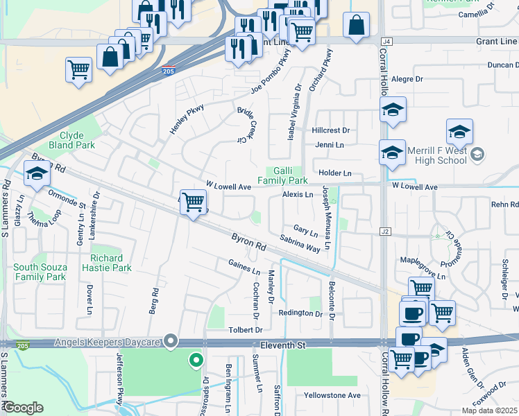 map of restaurants, bars, coffee shops, grocery stores, and more near 2442 Dorset Lane in Tracy