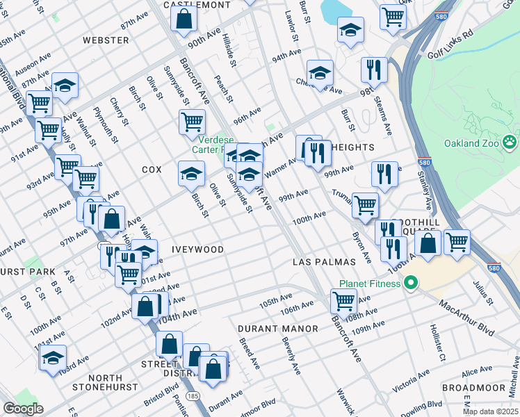 map of restaurants, bars, coffee shops, grocery stores, and more near 2101 99th Avenue in Oakland