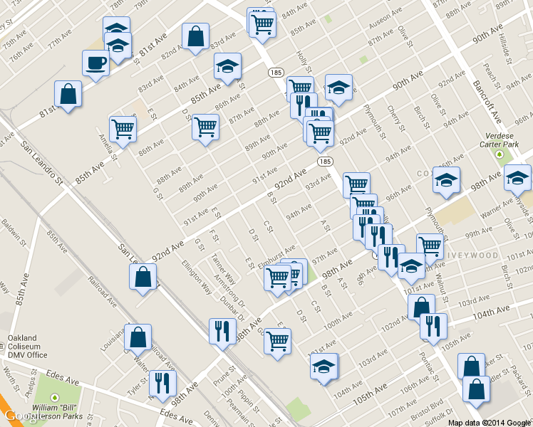 map of restaurants, bars, coffee shops, grocery stores, and more near 9315 B Street in Oakland