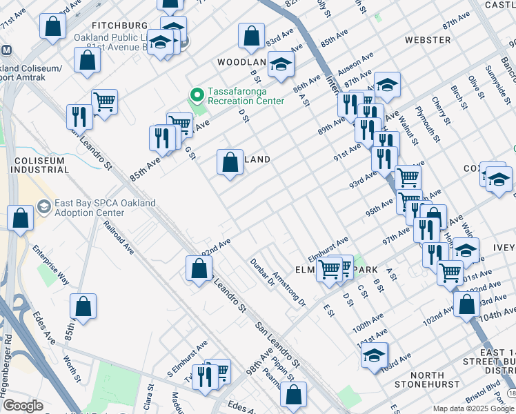 map of restaurants, bars, coffee shops, grocery stores, and more near 963 91st Avenue in Oakland