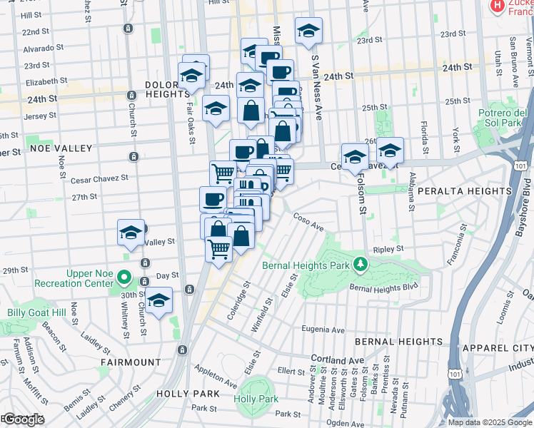 map of restaurants, bars, coffee shops, grocery stores, and more near 3181 Mission Street in San Francisco