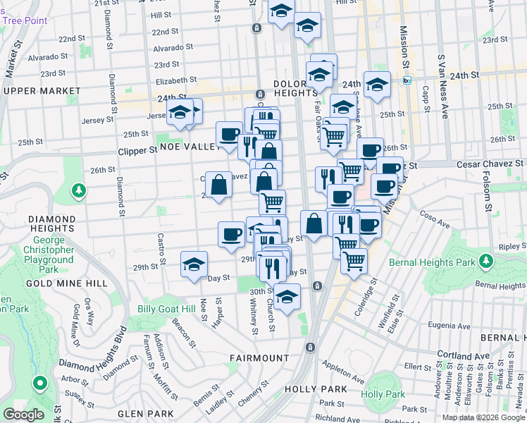 map of restaurants, bars, coffee shops, grocery stores, and more near 1550 Church Street in San Francisco