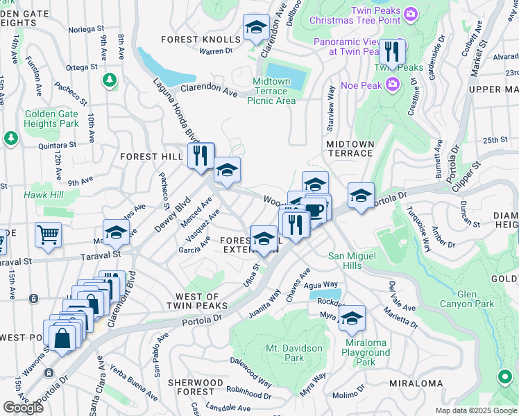 map of restaurants, bars, coffee shops, grocery stores, and more near 11 Hernandez Avenue in San Francisco