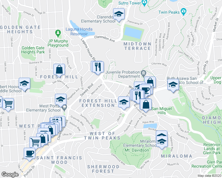 map of restaurants, bars, coffee shops, grocery stores, and more near 50 Balceta Avenue in San Francisco
