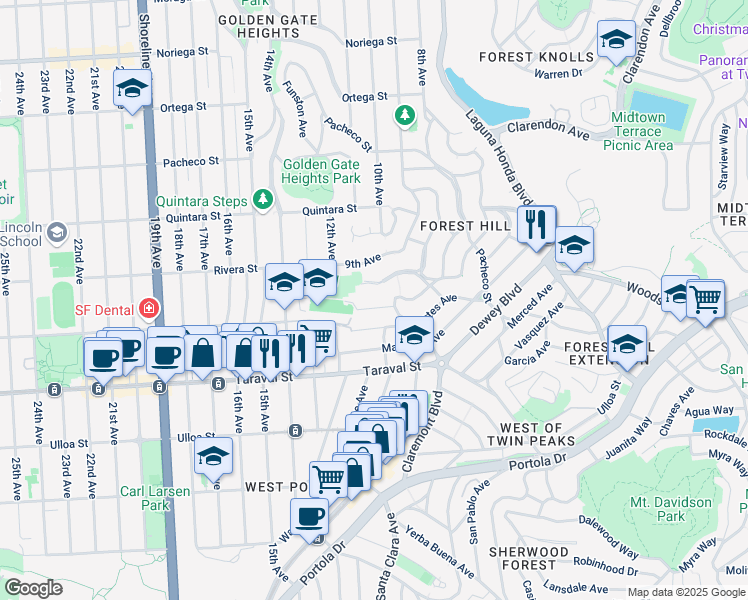 map of restaurants, bars, coffee shops, grocery stores, and more near 398 Castenada Avenue in San Francisco