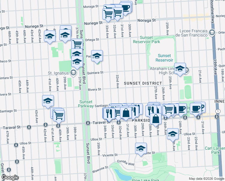 map of restaurants, bars, coffee shops, grocery stores, and more near 2207 32nd Avenue in San Francisco