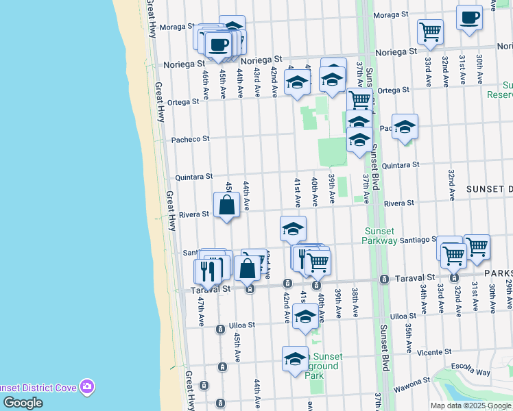 map of restaurants, bars, coffee shops, grocery stores, and more near 2183 43rd Avenue in San Francisco