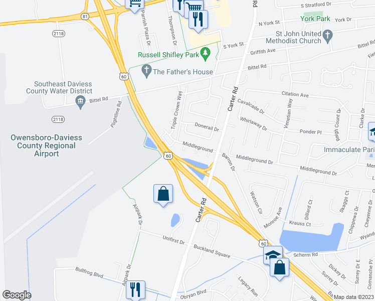 map of restaurants, bars, coffee shops, grocery stores, and more near 2611 Meridian Ct in Owensboro