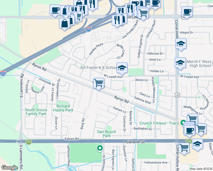 map of restaurants, bars, coffee shops, grocery stores, and more near 1636 Green Springs Court in Tracy