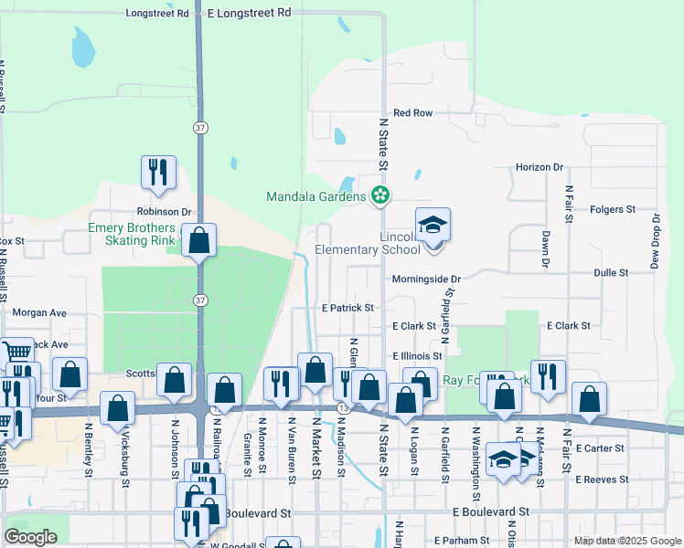 map of restaurants, bars, coffee shops, grocery stores, and more near 1504 Colin Bradley Drive in Marion