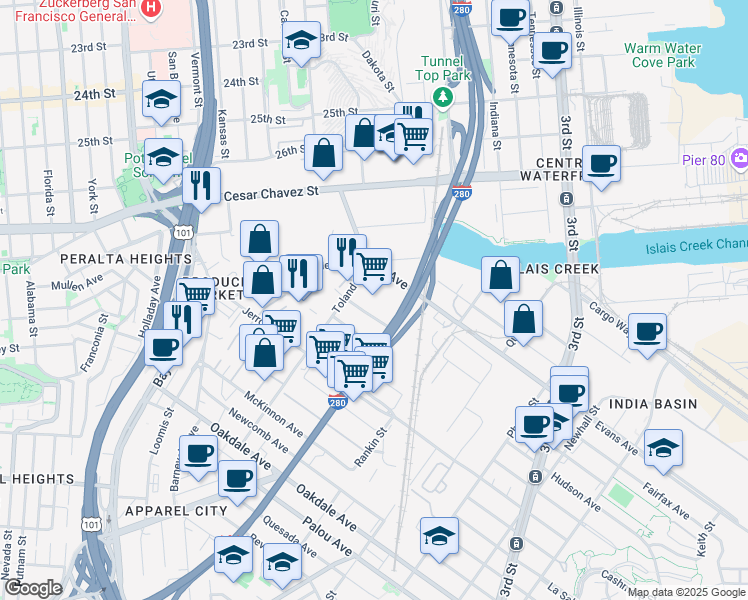 map of restaurants, bars, coffee shops, grocery stores, and more near 2050 Galvez Avenue in San Francisco