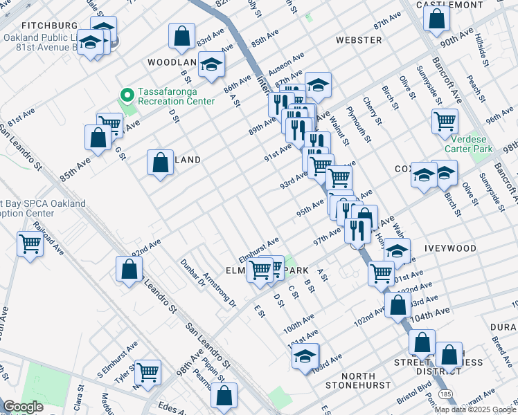 map of restaurants, bars, coffee shops, grocery stores, and more near 9315 B Street in Oakland