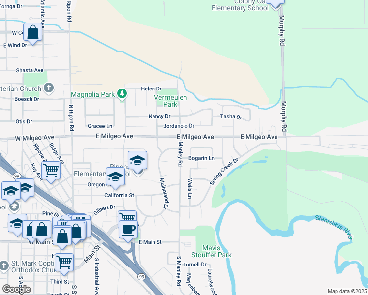 map of restaurants, bars, coffee shops, grocery stores, and more near 800 North Manley Road in Ripon