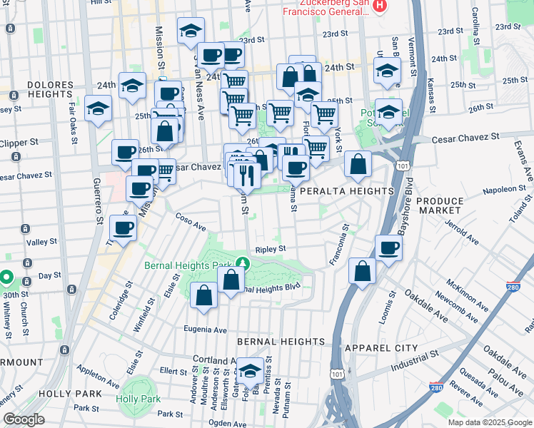 map of restaurants, bars, coffee shops, grocery stores, and more near 1551 Treat Avenue in San Francisco